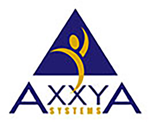 text logo for axxya which also contains a cartoon image of a person celebrating