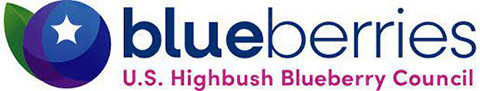 text logo for the US Highbush Blueberry Council which also contains a cartoon of a blueberry