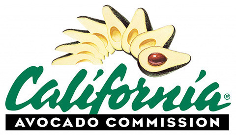 text logo for the california avocado commission which also contains a cartoon of several cut avocados