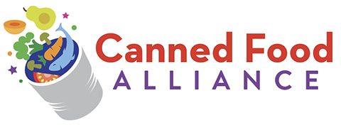 text logo for the Canned Food Alliance which also contains a cartoon of a can with food coming out of it