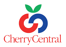 text logo for the Cherry Central Cooperative which also contains a cartoon of a couple cherries
