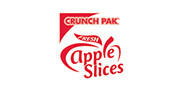text logo for Crunch Pak Apple Slices which also contains a line drawing of an apple