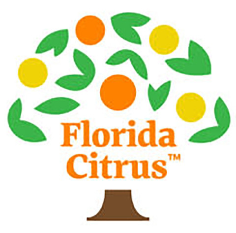 text logo for the Florida Department of Citrus which also contains a cartoon drawing of a tree with different citrus fruits on it