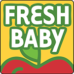 text logo for the Fresh Baby Company which also contains a cartoon drawing of an apple