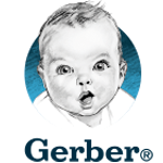 text logo for the Gerber Company which also contains a cartoon image of a baby