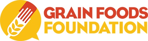 text logo for the Grain Foods Foundation which also contains a cartoon image a piece of wheat and a fork