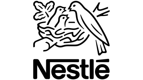 text logo for the Nestle Company which also contains a line drawing of several birds in a nest on a tree branch