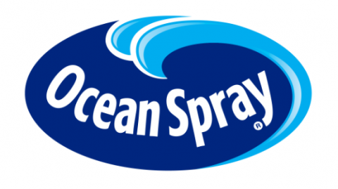 text logo for the Ocean Spray Company which also contains a cartoon drawing of a blue wave