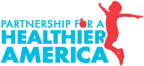 text logo for the Partnership for a Healthier America Organization which also contains cartoon drawings of an apple and a child jumping