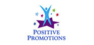 text logo for the Positive Promotions Company which also contains a cartoon drawing of a person raising their hands in a celebratory mood while standing on top of a single large star and surrounded by smaller stars