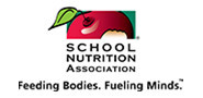 text logo for the School Nutrition Association which also contains a cartoon drawing of an apple