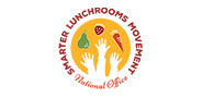 text logo for the Smarter Lunchrooms Movement National Office which also contains three raised hands and three pieces of food above them