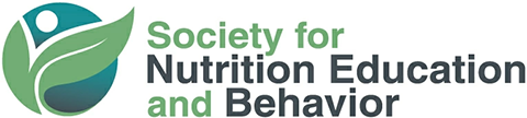text logo for the Society for Nutrition Education and Behavior which also contains a cartoon drawing of leaves