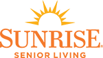 text logo for the Sunrise Senior Living Company which also has a line drawing of a sunrise