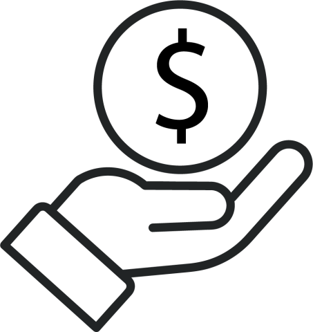 icon line drawing of a hand and coin indicating saving money