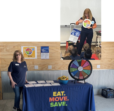 Two separate images of a woman presenting MyPlate materials and at a booth