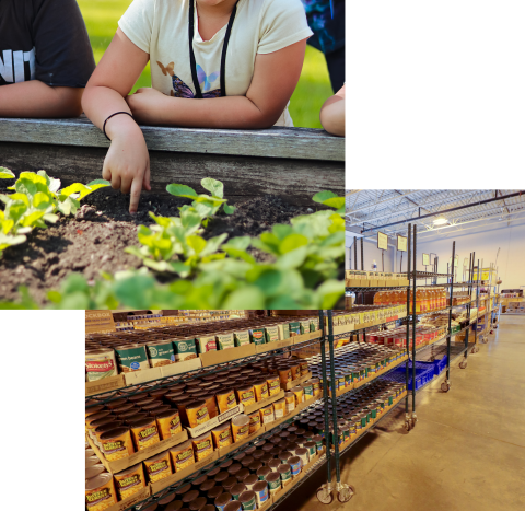 Two separate images of a child in a garden and a food pantry