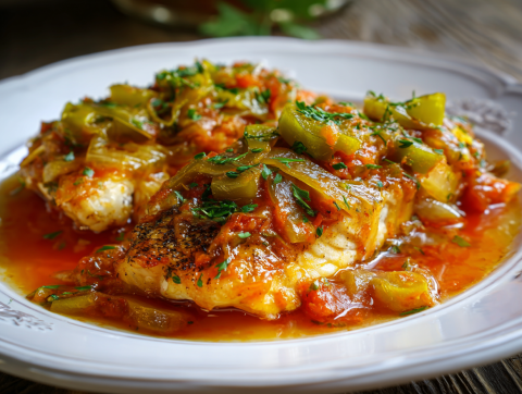 Image of Baked Fish with Creole Sauce recipe on a plate