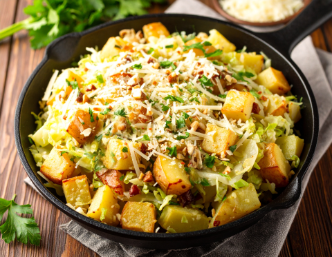 Image of Stove Top Potato and Cabbage Casserole Recipe in a skillet