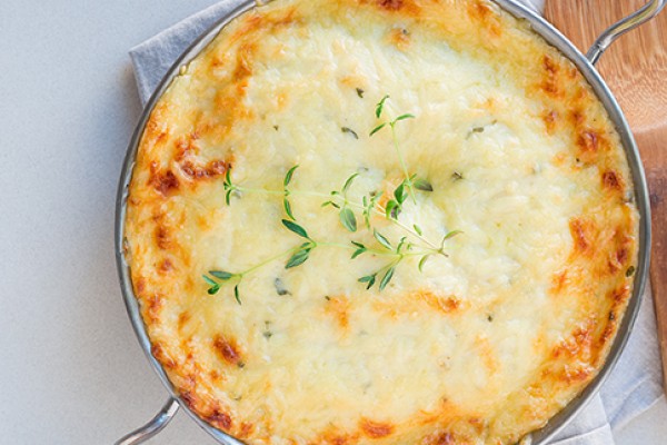 Potato Spinach Casserole in a pie dish