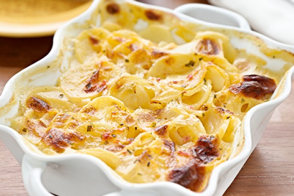 Scalloped Potatoes in a serving dish