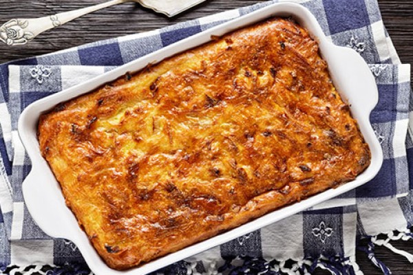 Matzo Meal Kugel (Pudding) in a pan