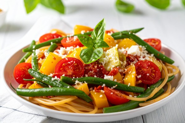 Summer Vegetable Spaghetti recipe on a plate.