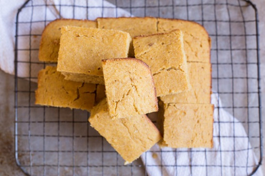 Soul-Healthy Cornbread cut up and ready to eat