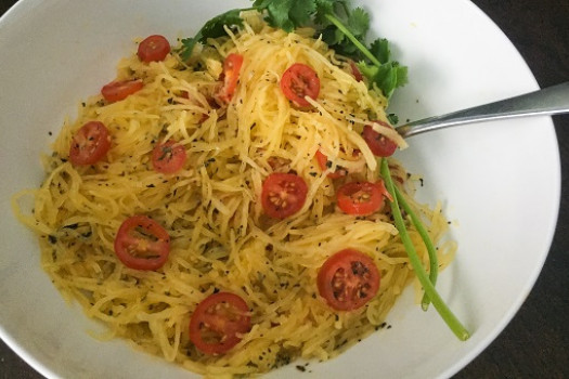 Spaghetti Squash with Tomatoes, Basil, and Parmesan in a bowl