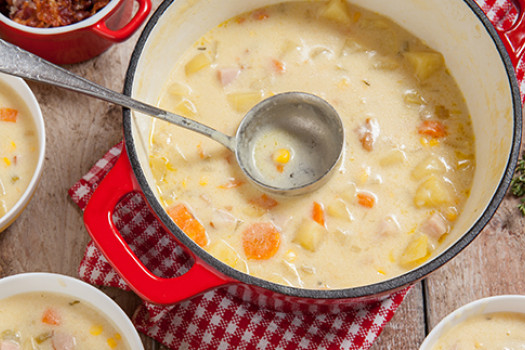 pot filled with Cheese and Corn Chowder