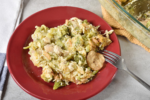 plate of Cheesy Chicken, Broccoli, and Rice Bake