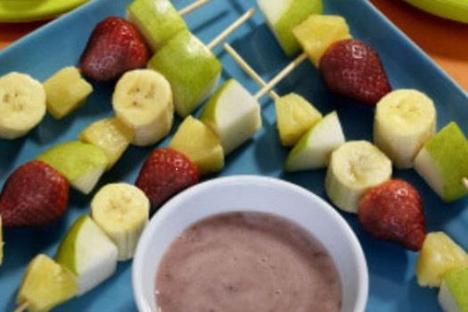 Pear Kabobs on skewers with Strawberry Dipping Sauce