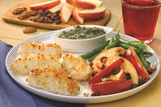 plate of Easy Oven Fish with Spinach Basil Dipping Sauce & Spiced Apples