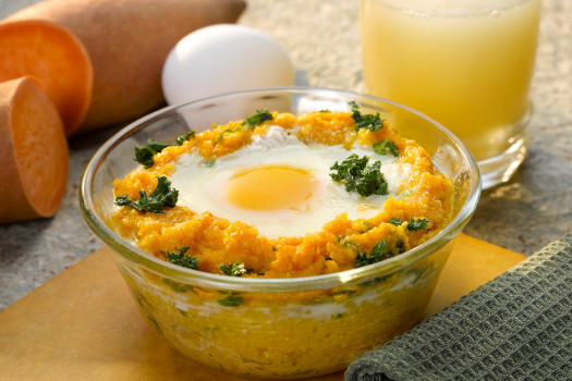 bowl of Eggs over Kale and Sweet Potato Grits