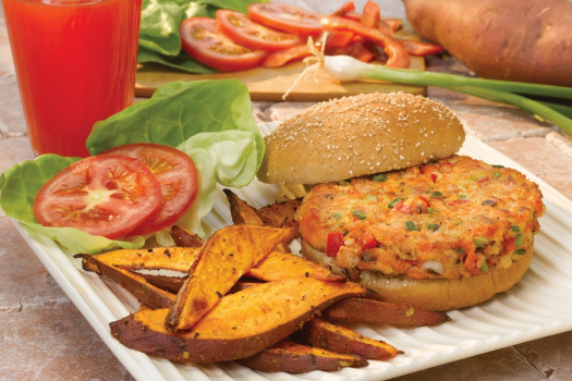 Salmon Burgers and Sweet Potato Oven Fries on a plate