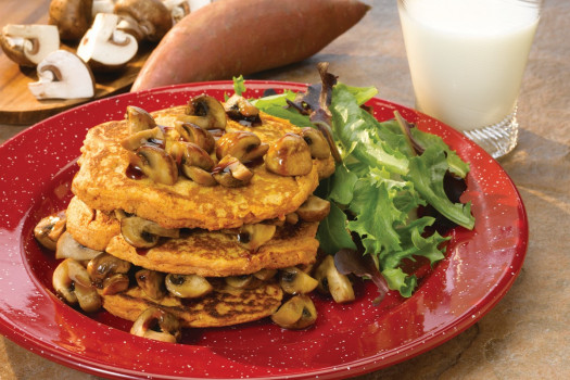Sweet Potato Pancakes with Balsamic Maple Mushrooms on a plate