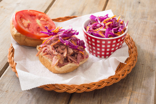 Pulled Pork Sandwich with Red Cabbage and Carrot Slaw ona 