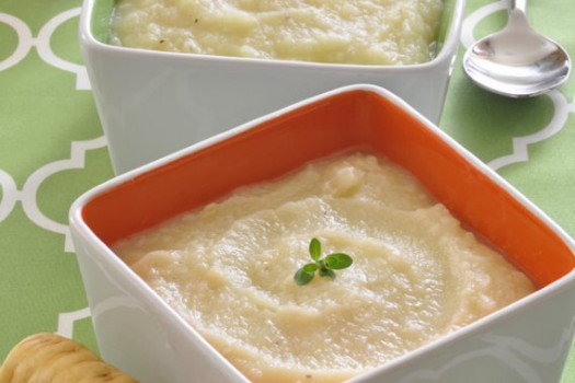 square bowl of parsnip soup