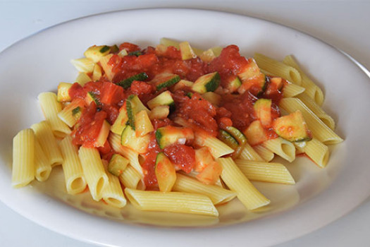 Vegetarian Spaghetti Sauce in a bowl over pasta