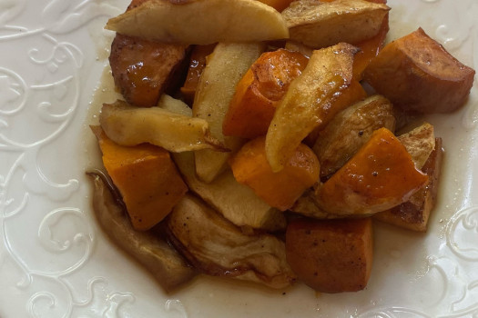 baked apples and sweet potatoes on a plate