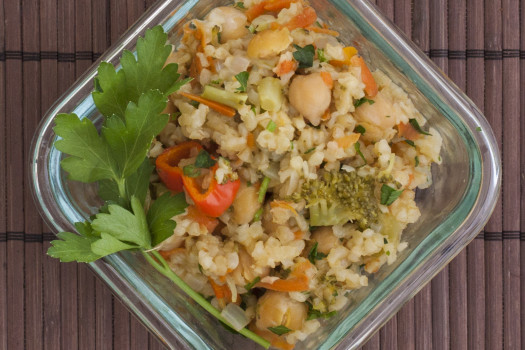 dish of Bulgur Wheat, veggie, and chickpea salad