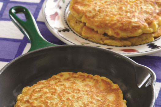 Image of Cornmeal Pancakes Recipe in a skillet 