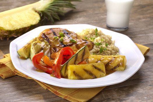 Grilled Pineapple Ginger Glazed Chicken with Zucchini and Peppers on a plate