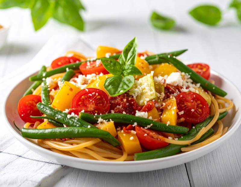 Summer Vegetable Spaghetti recipe on a plate.