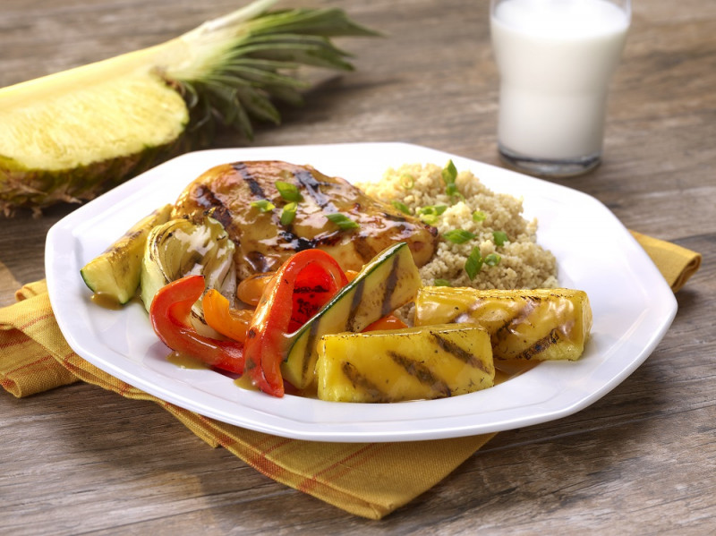 Grilled Pineapple Ginger Glazed Chicken with Zucchini and Peppers on a plate