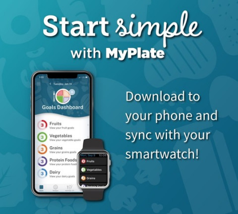 image of the Start Simple with myplate app that shows both a smart phone and a smart watch