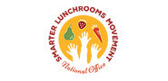text logo for the Smarter Lunchrooms Movement National Office which also contains three raised hands and three pieces of food above them