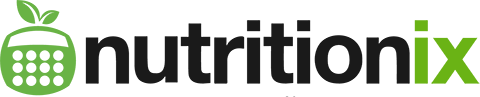 text logo for the Nutritionix Company which also contains a cartoon drawing of a calculator shaped like a piece of fruit
