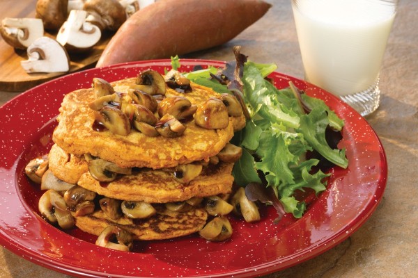 Sweet Potato Pancakes with Balsamic Maple Mushrooms on a plate