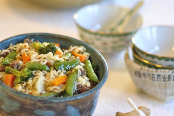 garlic ginger ramen with beef in a bowl